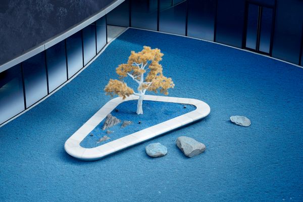 A miniature tree and grey rocks arranged inside a white triangular frame on blue carpet